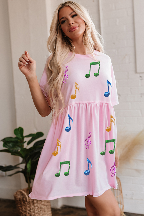 Sequined Music Note Raw Edge Babydoll Graphic Dress