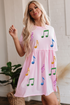 Sequined Music Note Raw Edge Babydoll Graphic Dress