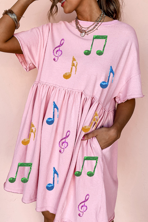 Sequined Music Note Raw Edge Babydoll Graphic Dress