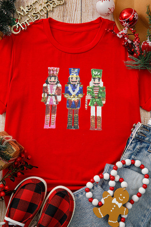 Sequined Nutcracker Graphic Short Sleeve Cuffed Tee