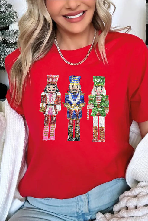 Sequined Nutcracker Graphic Short Sleeve Cuffed Tee