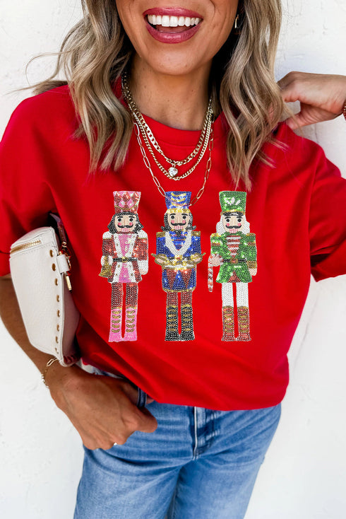 Sequined Nutcracker Graphic Short Sleeve Cuffed Tee