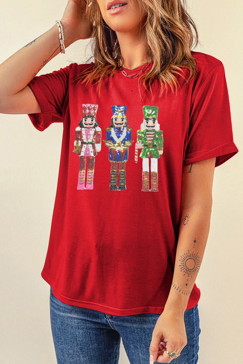 Sequined Nutcracker Graphic Short Sleeve Cuffed Tee