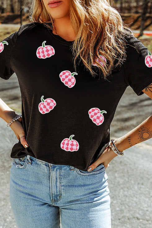 Sequined Plaid Pumpkin Round Neck Graphic Sweatshirt