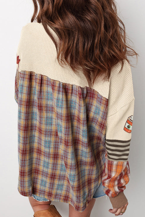 Sequined Plaid Stripe Patchwork Waffle Graphic Long Sleeve Tee