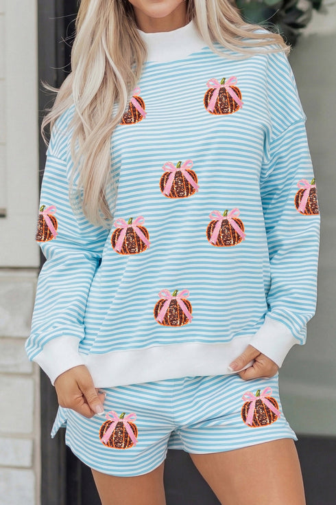 Sequined Pumpkin Baggy Pullover Coordinated Graphic Short Set