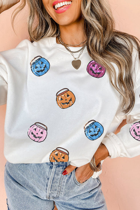 Sequined Pumpkin Bucket Crew Neck Pullover Sweatshirt
