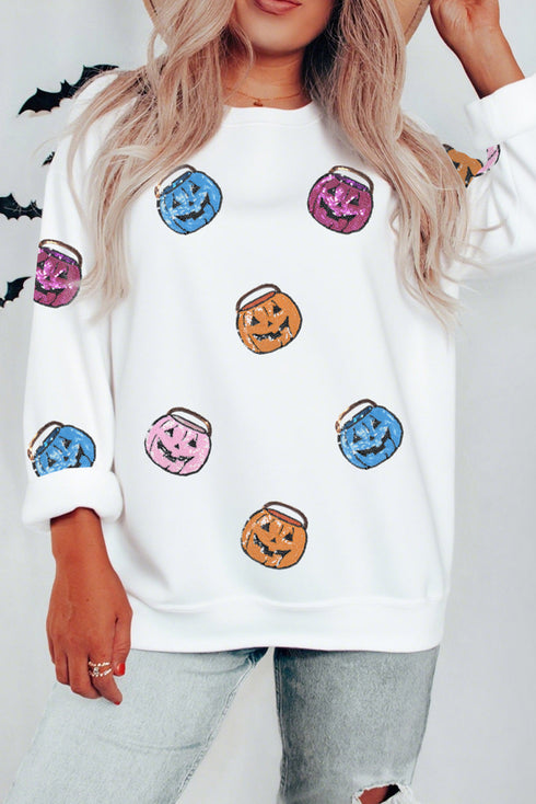 Sequined Pumpkin Bucket Crew Neck Pullover Sweatshirt