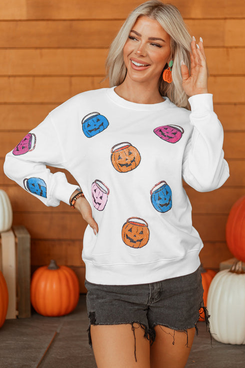 Sequined Pumpkin Bucket Crew Neck Pullover Sweatshirt