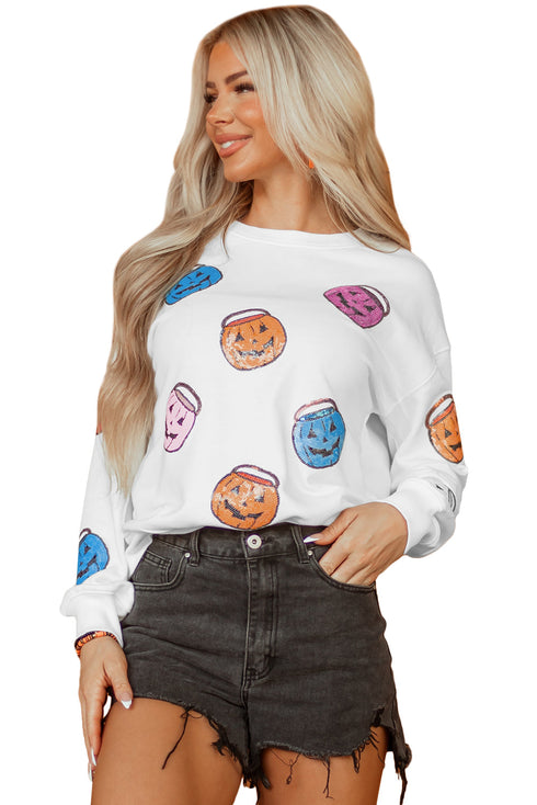 Sequined Pumpkin Bucket Crew Neck Pullover Sweatshirt