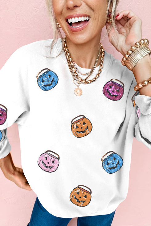 Sequined Pumpkin Bucket Crew Neck Pullover Sweatshirt