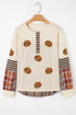 Sequined Pumpkin Face Patch Henley Waffle Long Sleeve Tee