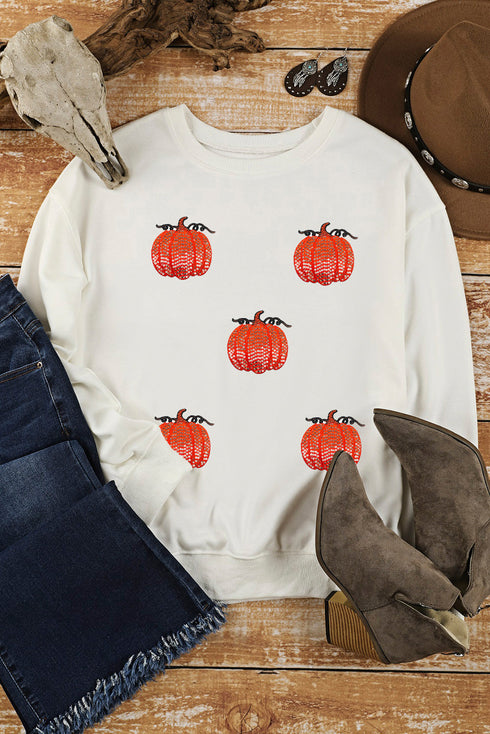 Sequined Pumpkin Graphic Crew Neck Pullover Sweatshirt