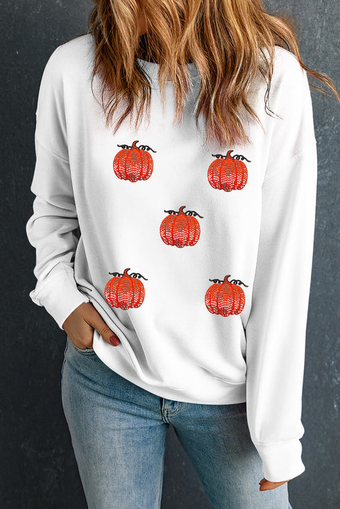 Sequined Pumpkin Graphic Crew Neck Pullover Sweatshirt