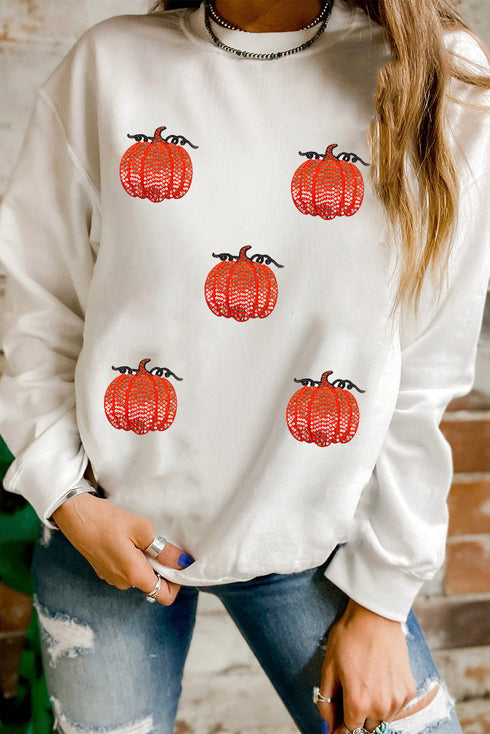 Sequined Pumpkin Graphic Crew Neck Pullover Sweatshirt