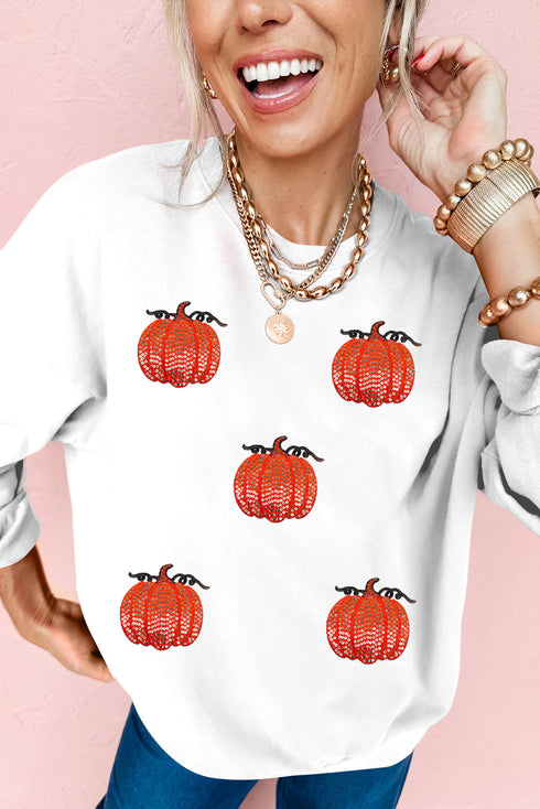 Sequined Pumpkin Graphic Crew Neck Pullover Sweatshirt