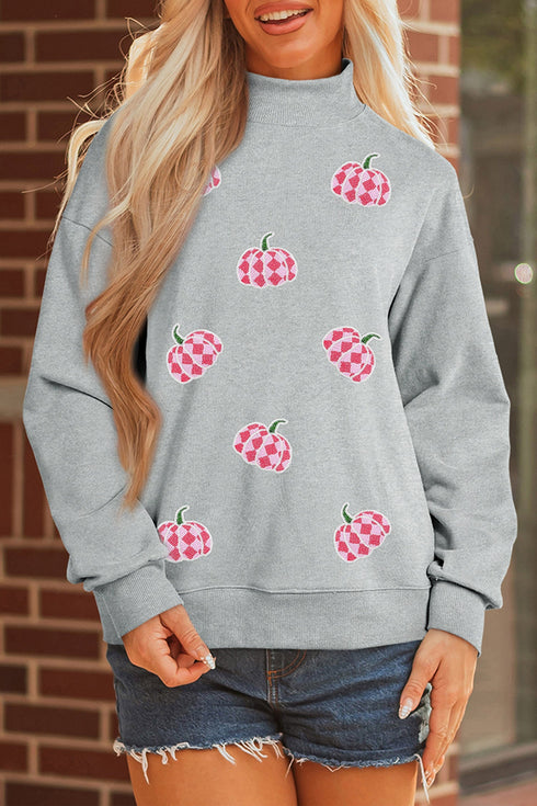 Sequined Pumpkin Patch Mock Neck Baggy Pullover Sweatshirt