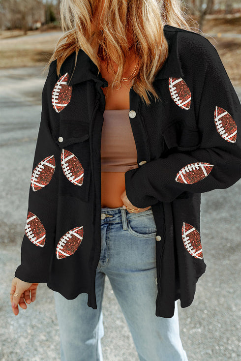 Sequined Rugby Flap Pocket Button Down Jacket