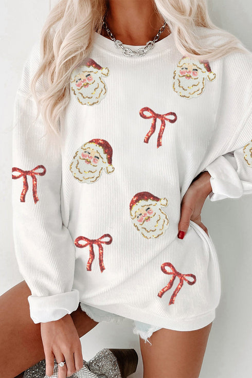 Sequined Santa Bow Motif Corded Pullover Sweatshirt