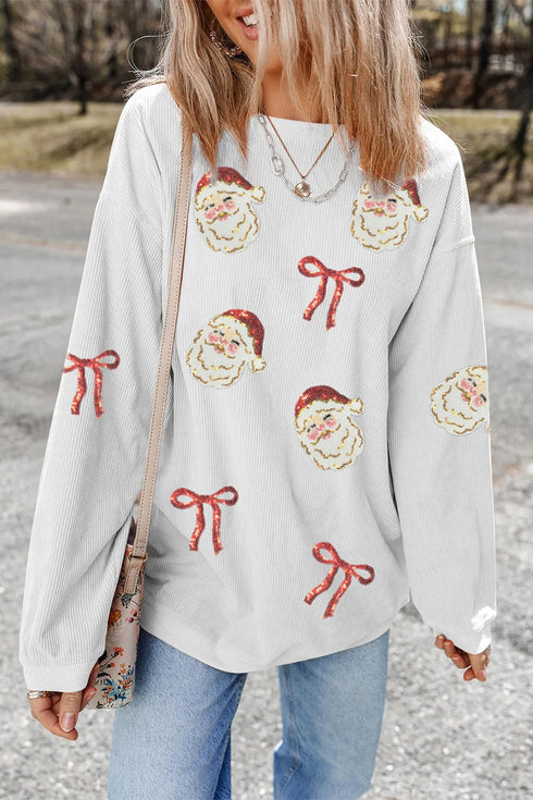Sequined Santa Bow Motif Corded Pullover Sweatshirt
