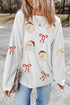 Sequined Santa Bow Motif Corded Pullover Sweatshirt