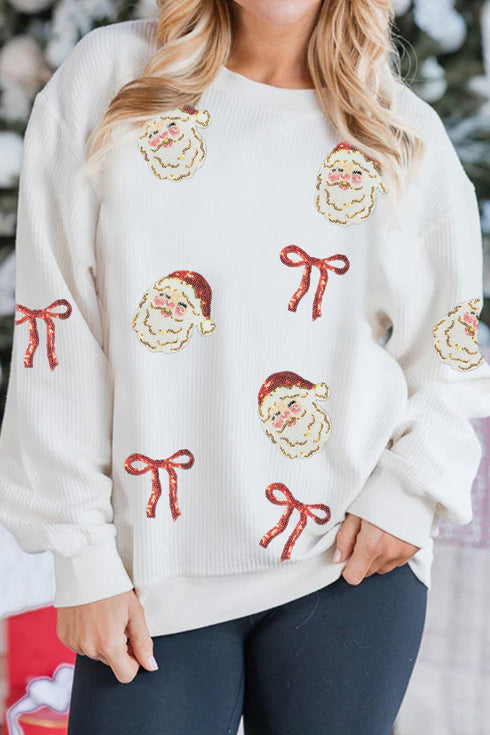 Sequined Santa Bow Motif Corded Pullover Sweatshirt