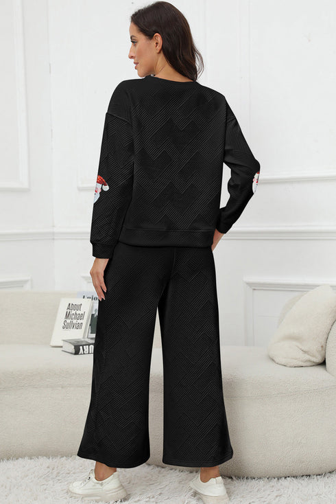 Sequined Santa Claus Print Textured Pants Graphic Set