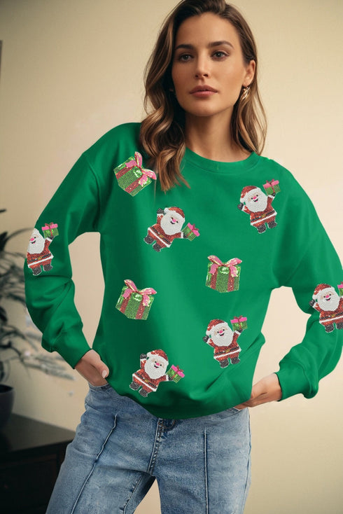 Sequined Santa Delivering Gifts Graphic Pullover Sweatshirt