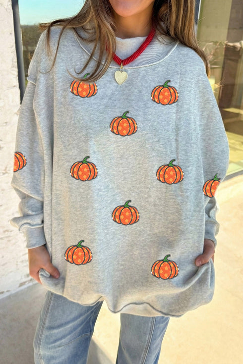 Sequined Star Pumpkin Graphic Exposed Seam Mock Neck Sweatshirt