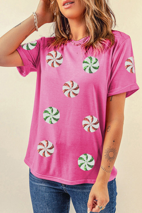 Sequined Swirl Candy Graphic Short Sleeve T Shirt