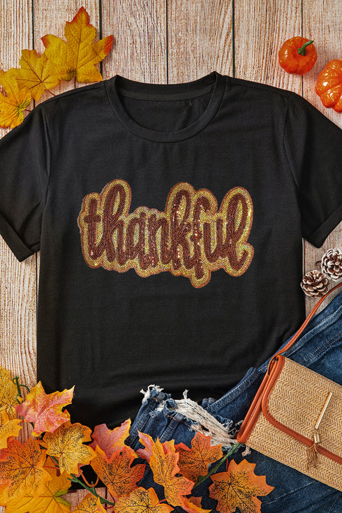 Sequined Thankful Script Round Neck Graphic Tee