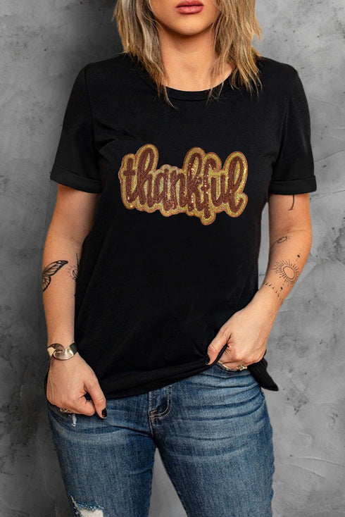Sequined Thankful Script Round Neck Graphic Tee