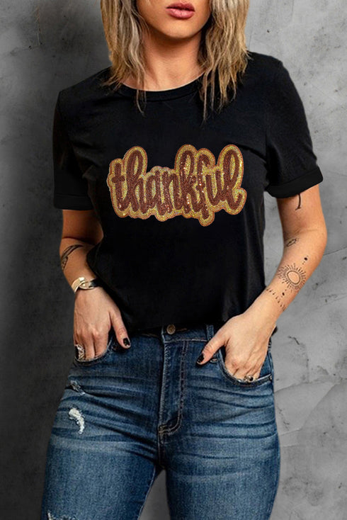 Sequined Thankful Script Round Neck Graphic Tee