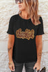 Sequined Thankful Script Round Neck Graphic Tee