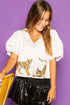 Sequined Tiger Print V Neck Puff Sleeve Cotton Blouse