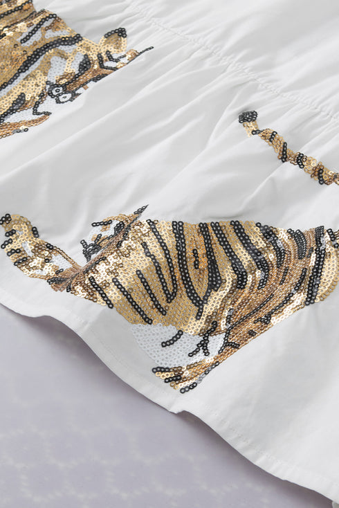 Sequined Tiger Print V Neck Puff Sleeve Cotton Blouse