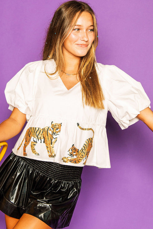 Sequined Tiger Print V Neck Puff Sleeve Cotton Blouse