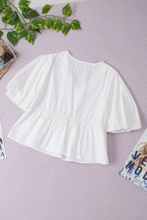 Sequined Tiger Print V Neck Puff Sleeve Cotton Blouse