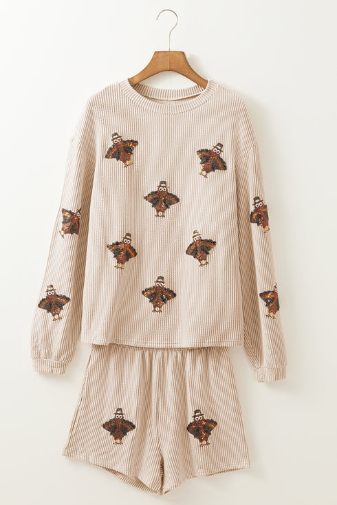 Sequined Turkey Corded Knit Loose Fit Graphic Set