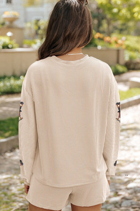 Sequined Turkey Corded Knit Loose Fit Graphic Set