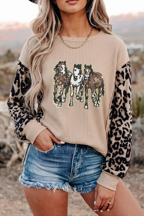 Sequined Western Horse Leopard Sleeve Patchwork Waffle Long Sleeve Tee