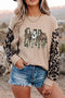 Sequined Western Horse Leopard Sleeve Patchwork Waffle Long Sleeve Tee