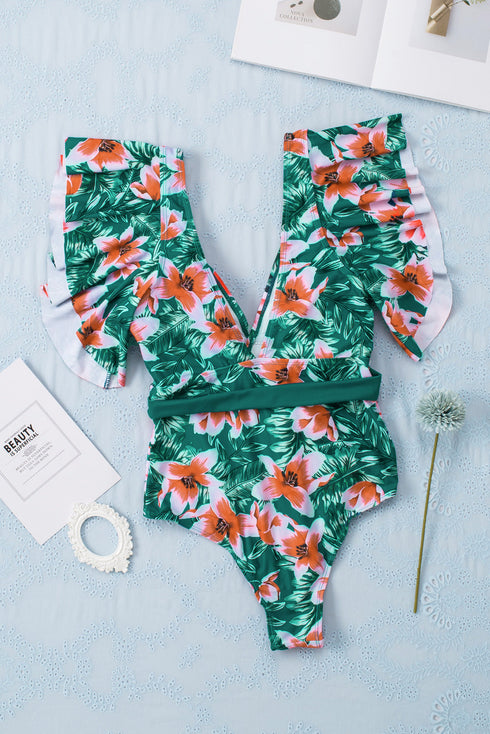 Sexy Deep V Neck Floral Print Ruffles One Piece Swimwear