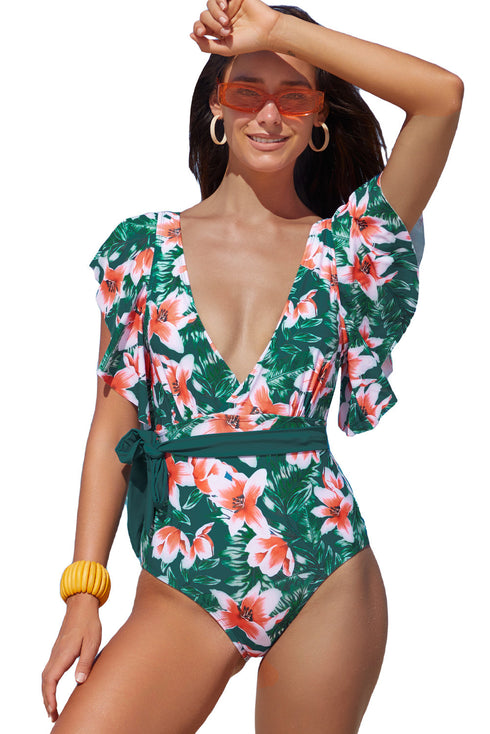Sexy Deep V Neck Floral Print Ruffles One Piece Swimwear