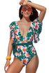 Sexy Deep V Neck Floral Print Ruffles One Piece Swimwear