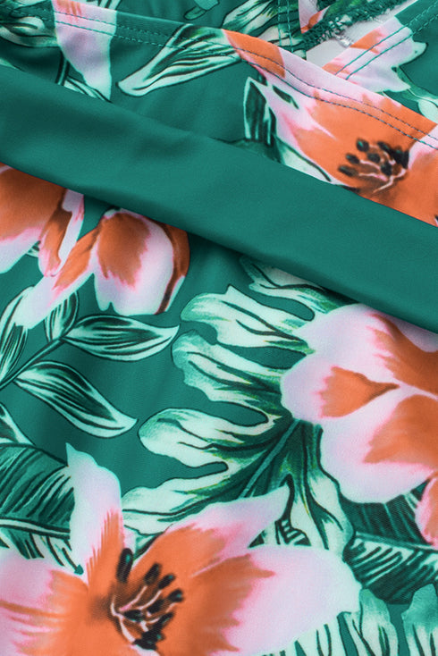 Sexy Deep V Neck Floral Print Ruffles One Piece Swimwear