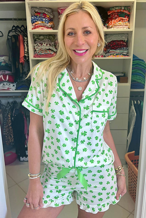 Shamrock Print Short Sleeve Ruffled Hem Pajama Set
