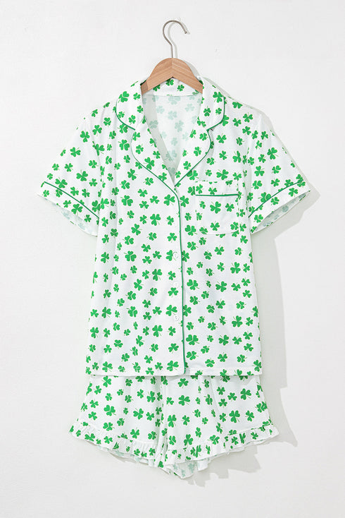 Shamrock Print Short Sleeve Ruffled Hem Pajama Set