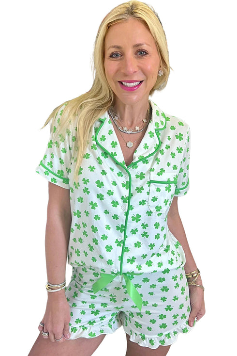Shamrock Print Short Sleeve Ruffled Hem Pajama Set
