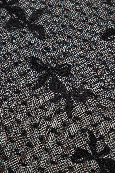 Sheer Bow Detail Slim Fit Polka Dot Mesh Short Sleeve Blouse